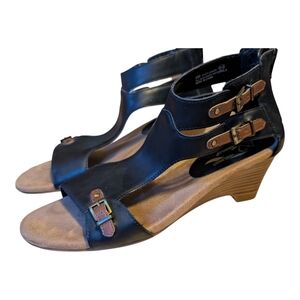A2 Aerosoles Mayflower Black Tan Faux Leather Wedge Heel Sandals 9